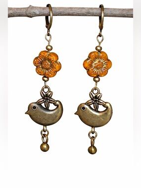 Boho Bird Earrings . Orange Floral Dangle .  Czech Glass . Bronze Leaverback